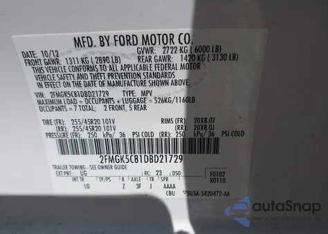 2013 Ford Flex Sel из США, поврежденный, VIN 2FMGK5C81DBD21729